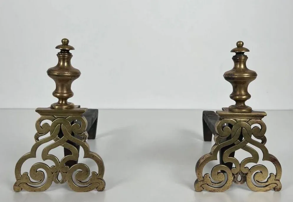 Paire de Chenets en Bronze Ciselé et Fer Forgé de Style Louis XV