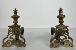 Paire de Chenets en Bronze Ciselé et Fer Forgé de Style Louis XV
