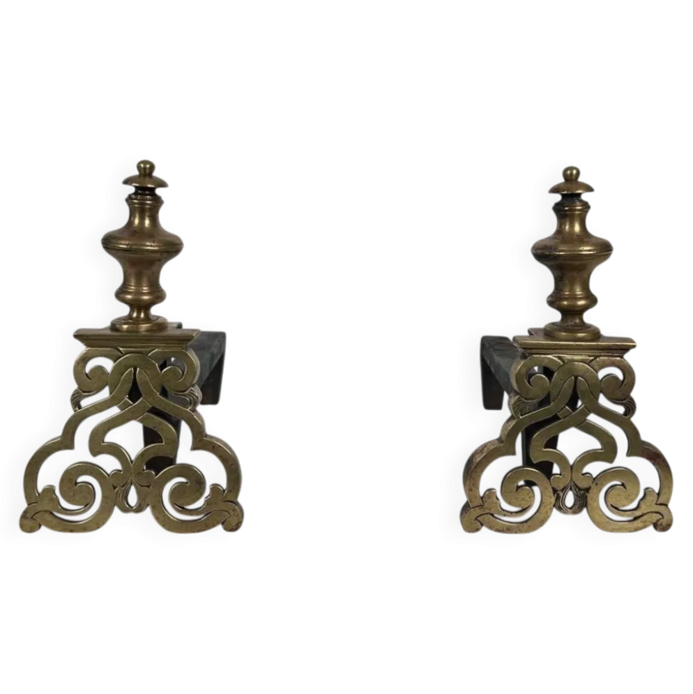 Paire de Chenets en Bronze Ciselé et Fer Forgé de Style Louis XV