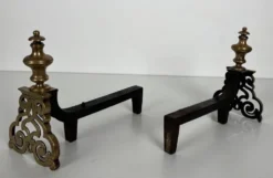 Paire de Chenets en Bronze Ciselé et Fer Forgé de Style Louis XV