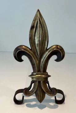 Paire de chenets en bronze et fer forgé fleur de lys, France