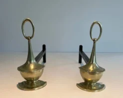 Paire de Chenets en Bronze Néoclassiques en Forme de Lampes Antiques à Anne