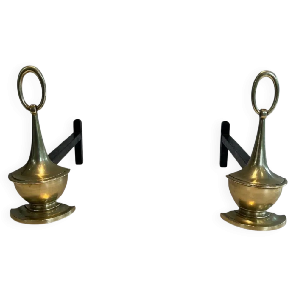 Paire de Chenets en Bronze Néoclassiques en Forme de Lampes Antiques à Anne