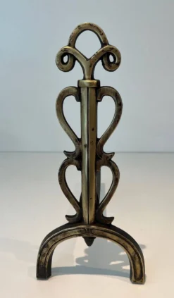 Paire de Chenets en Laiton et Fer Forgé à Flambeaux à Triple Volute et Mont