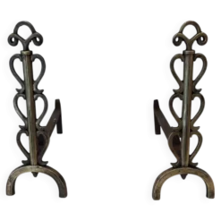 Paire de Chenets en Laiton et Fer Forgé à Colonnes de Volutes et Bases Arqu
