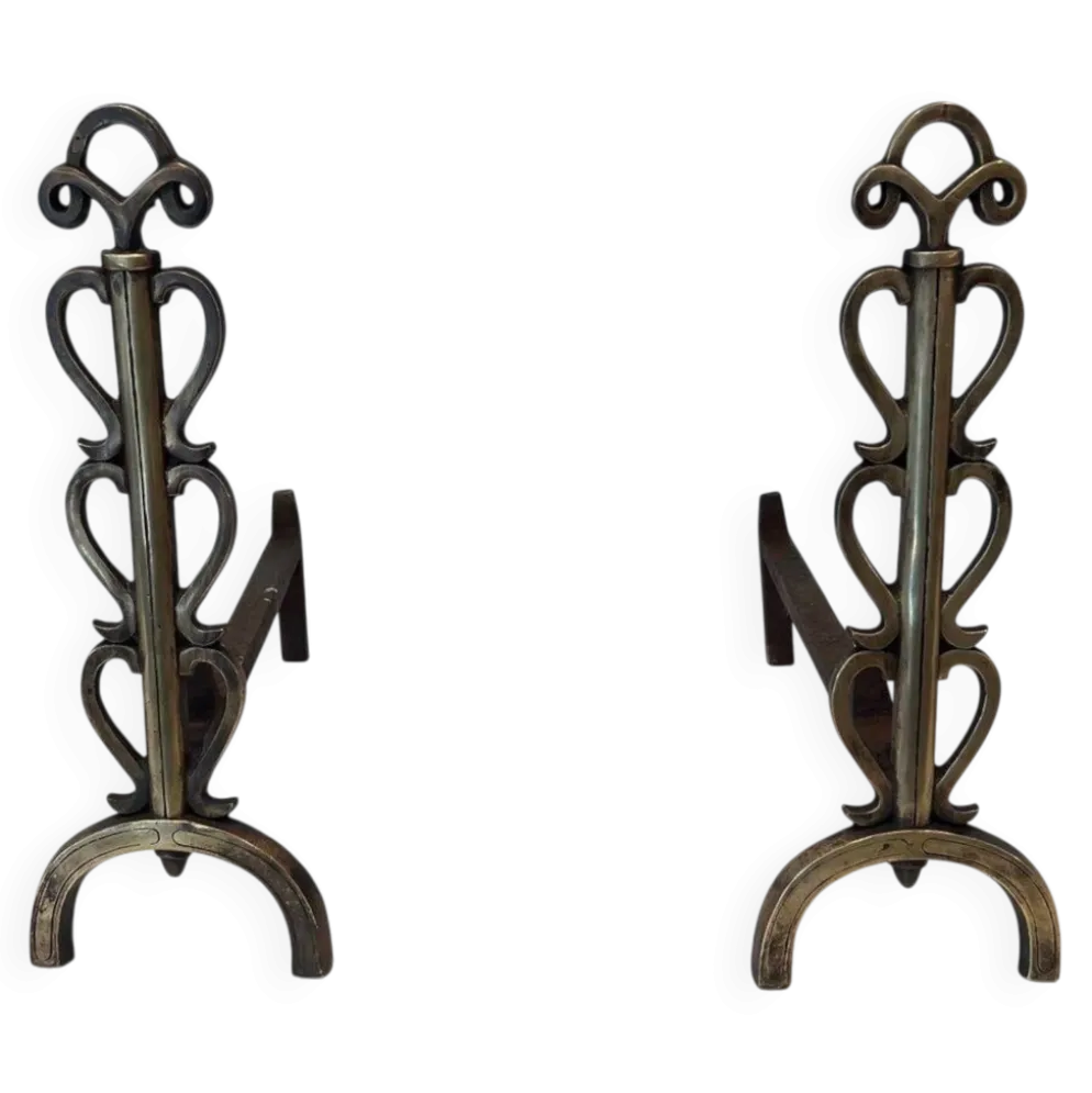 Paire de Chenets en Laiton et Fer Forgé à Colonnes de Volutes et Bases Arqu