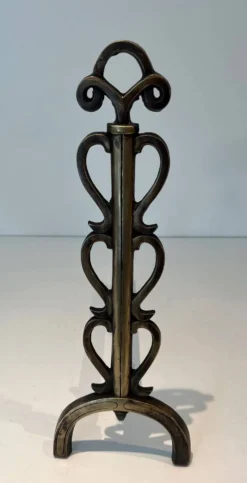 Paire de Chenets en Laiton et Fer Forgé à Colonnes de Volutes et Bases Arqu