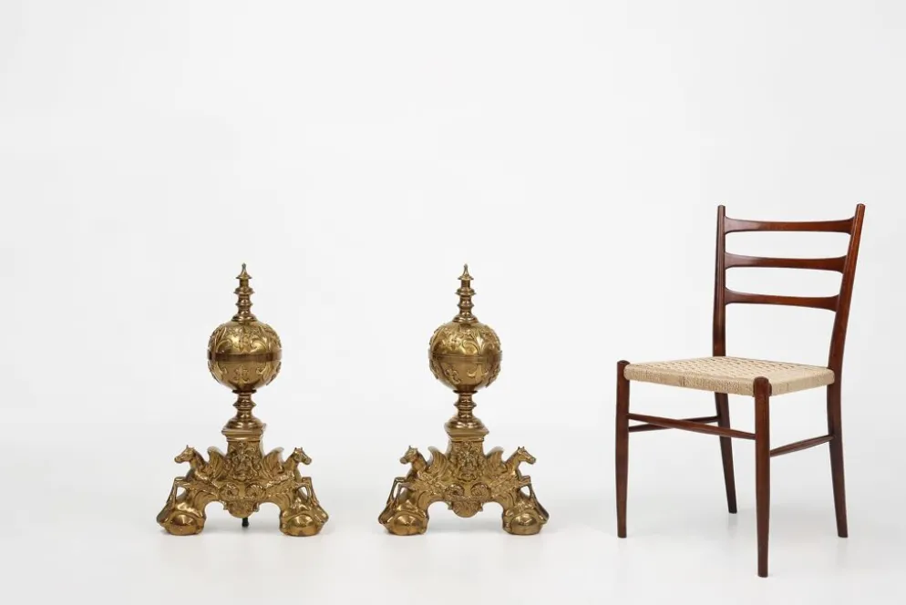 Paire de chenets néoclassique en cuivre du 20ème siècle, France, 1940, ensemble de 2