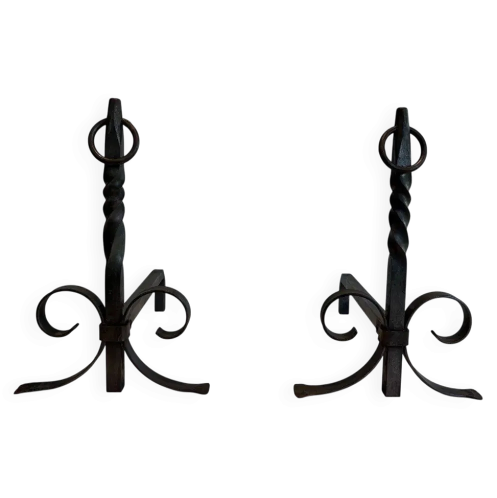 Paire de Chenets Néoclassiques en Fer Forgé à Colonnes Torsadées, Finiales