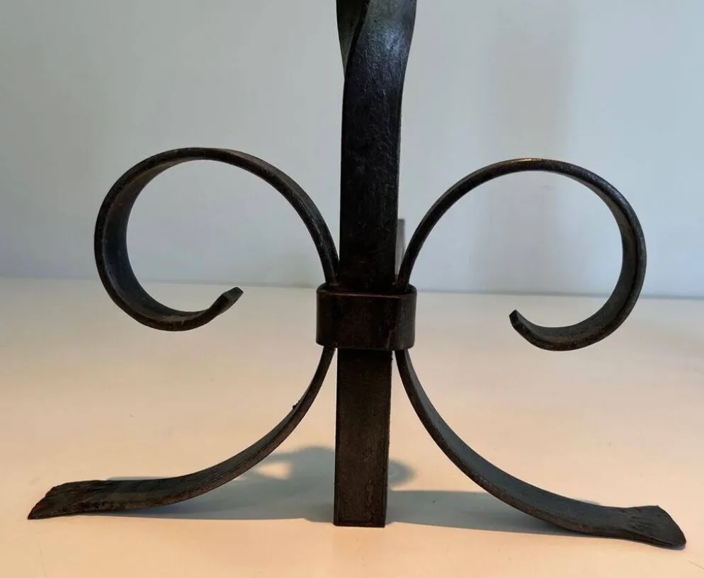Paire de Chenets Néoclassiques en Fer Forgé à Colonnes Torsadées, Finiales