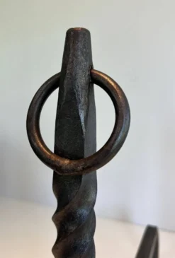 Paire de Chenets Néoclassiques en Fer Forgé à Colonnes Torsadées, Finiales
