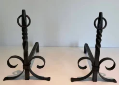 Paire de Chenets Néoclassiques en Fer Forgé à Colonnes Torsadées, Finiales