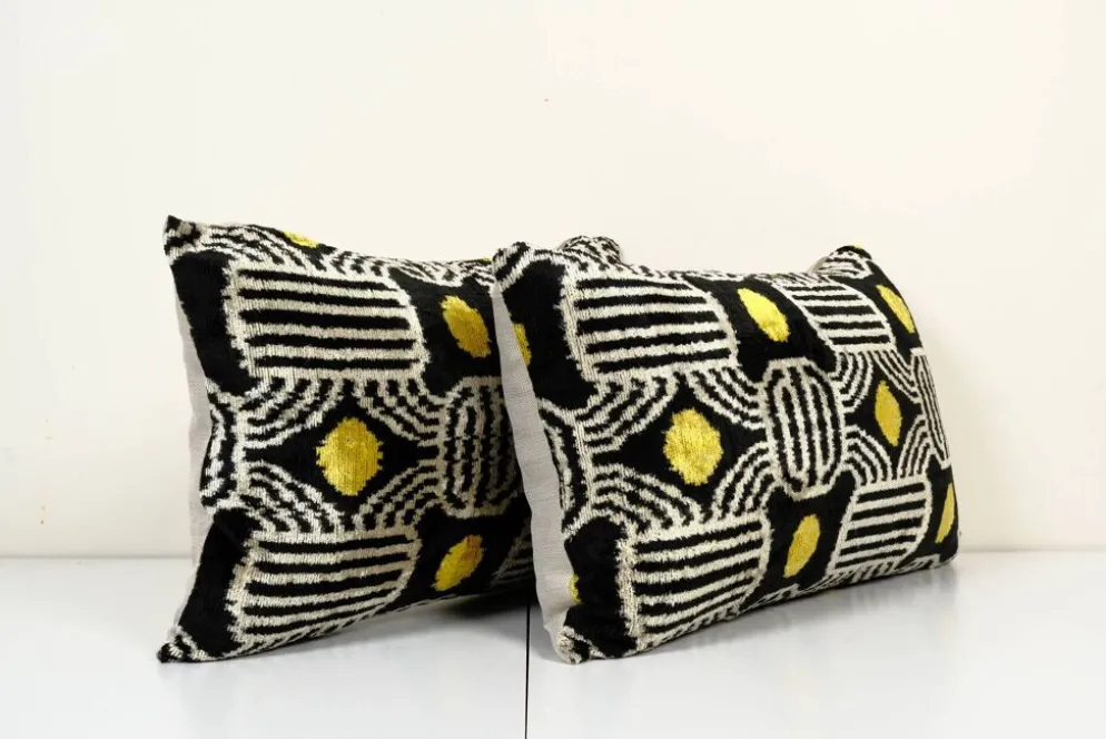 Paire de coussins soie et velours Ikat