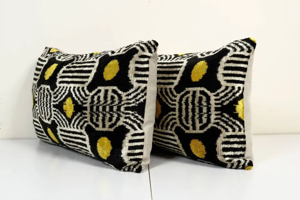 Paire de coussins soie et velours Ikat