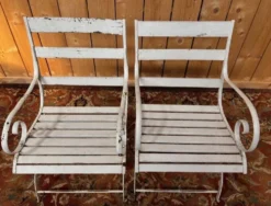 Paire de fauteuils de jardin XIXe, fer forgé & bois, style Restauration