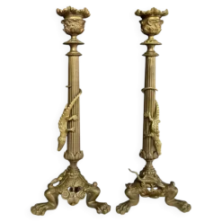 Paire de flambeaux XIXe en bronze doré style empire