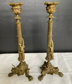 Paire de flambeaux XIXe en bronze doré style empire