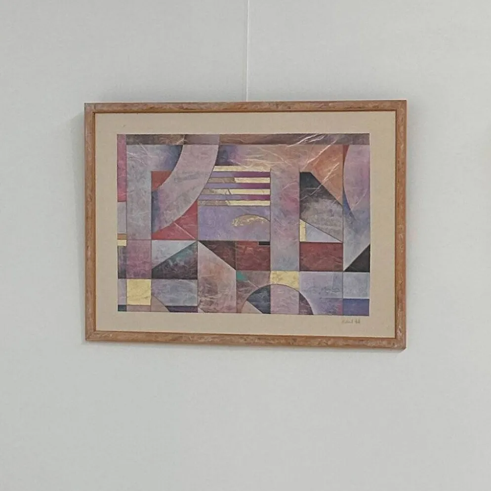 Paire de grandes lithographies abstraites géométriques en mixed media de Richard Hall avec de l'or.