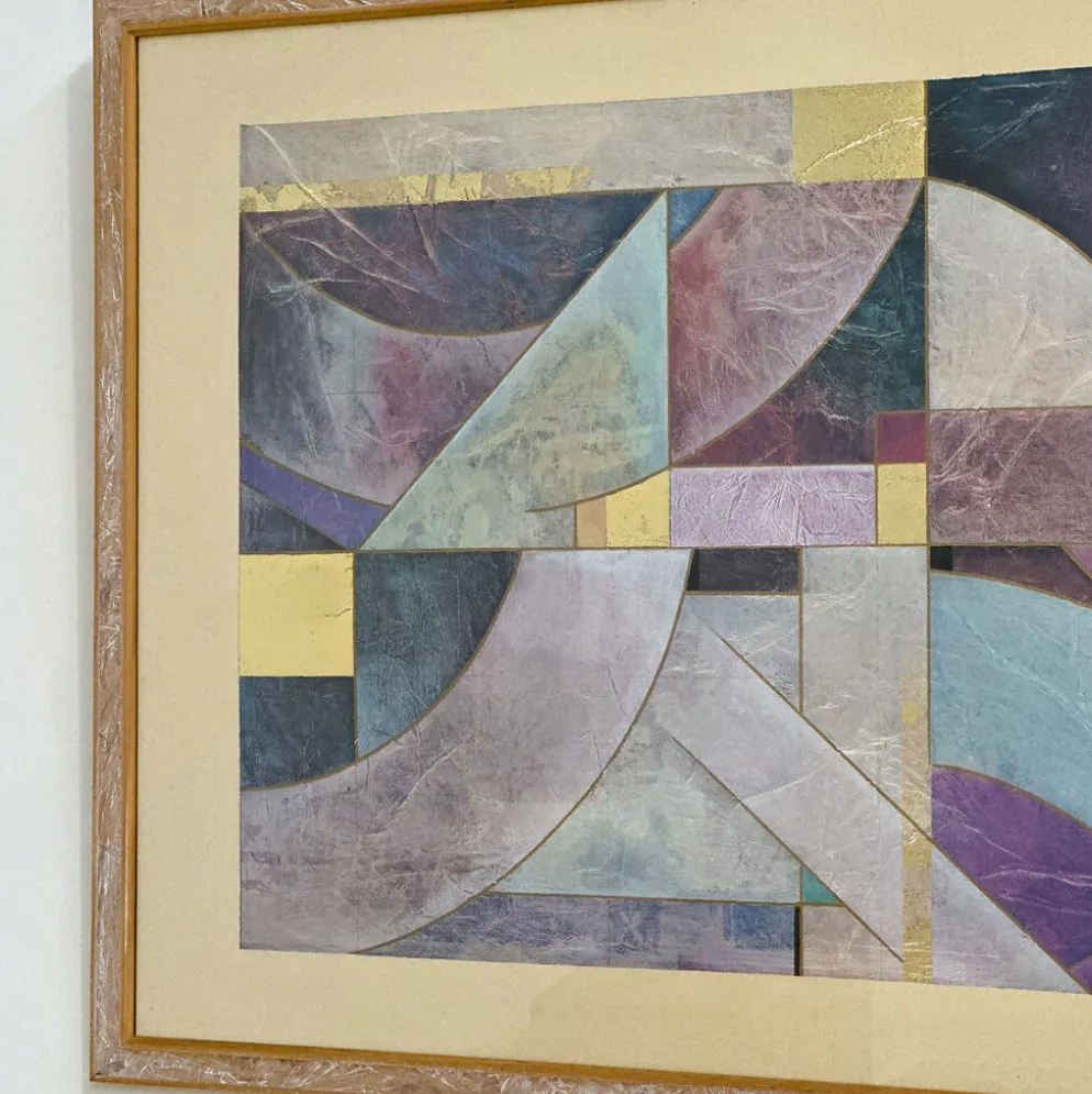 Paire de grandes lithographies abstraites géométriques en mixed media de Richard Hall avec de l'or.
