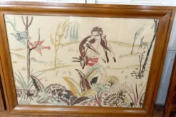 Paire de grandes tapisseries brodées Art Déco, décor de chasse/mythe, 1930