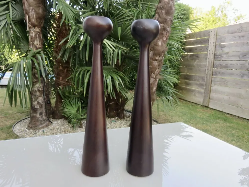 Paire de grands bougeoirs scandinaves en teck 1960 vintage