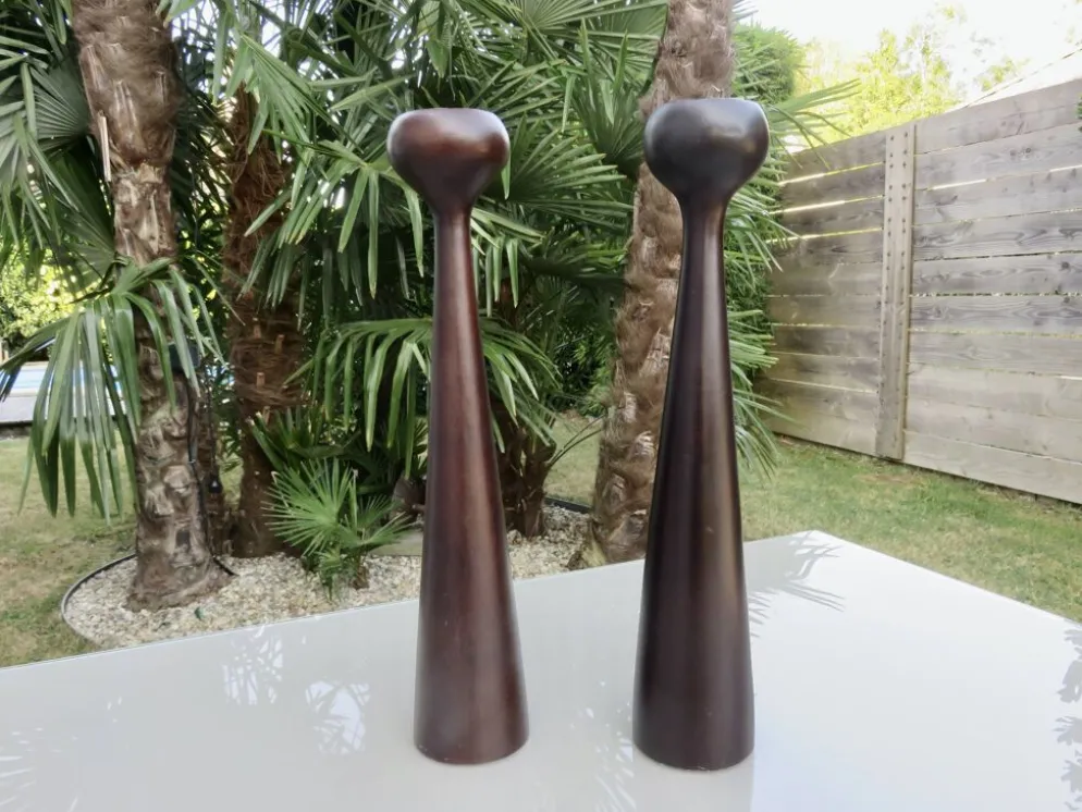 Paire de grands bougeoirs scandinaves en teck 1960 vintage