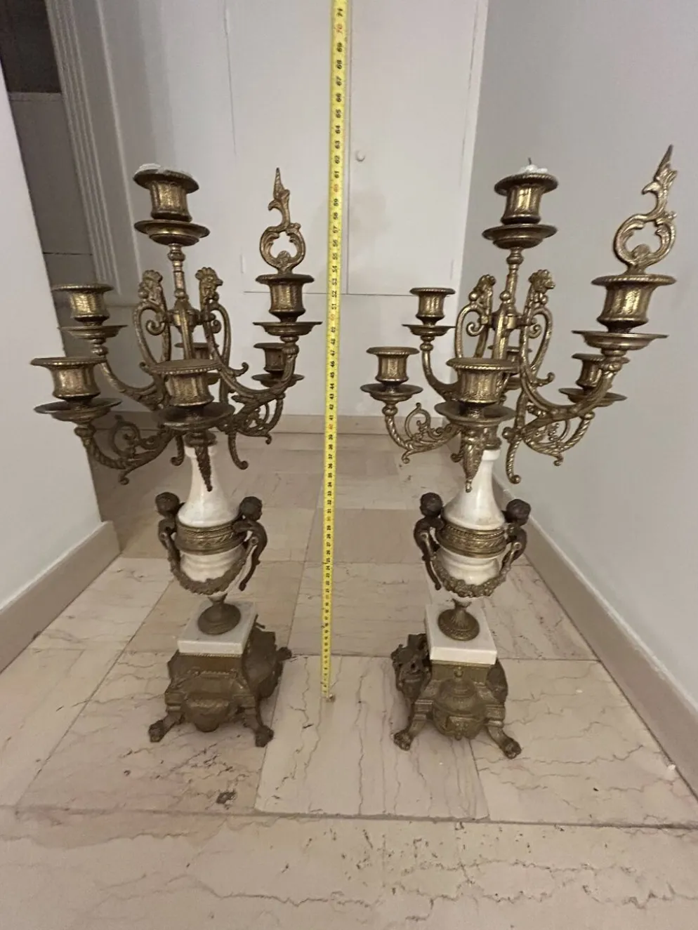 Paire de grands candélabres 7 feux - 69 cm - Bronze - Putti