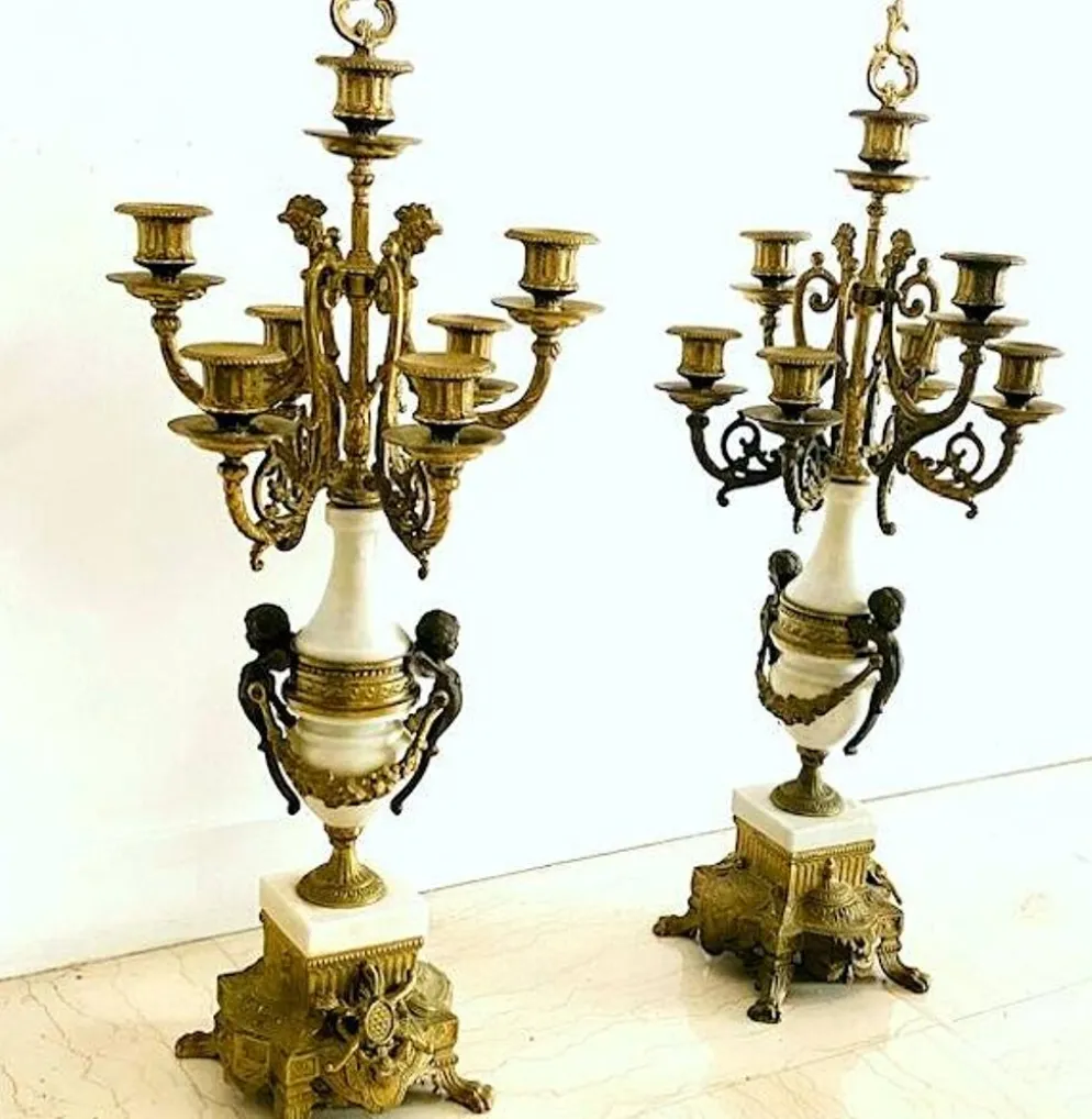 Paire de grands candélabres 7 feux - 69 cm - Bronze - Putti