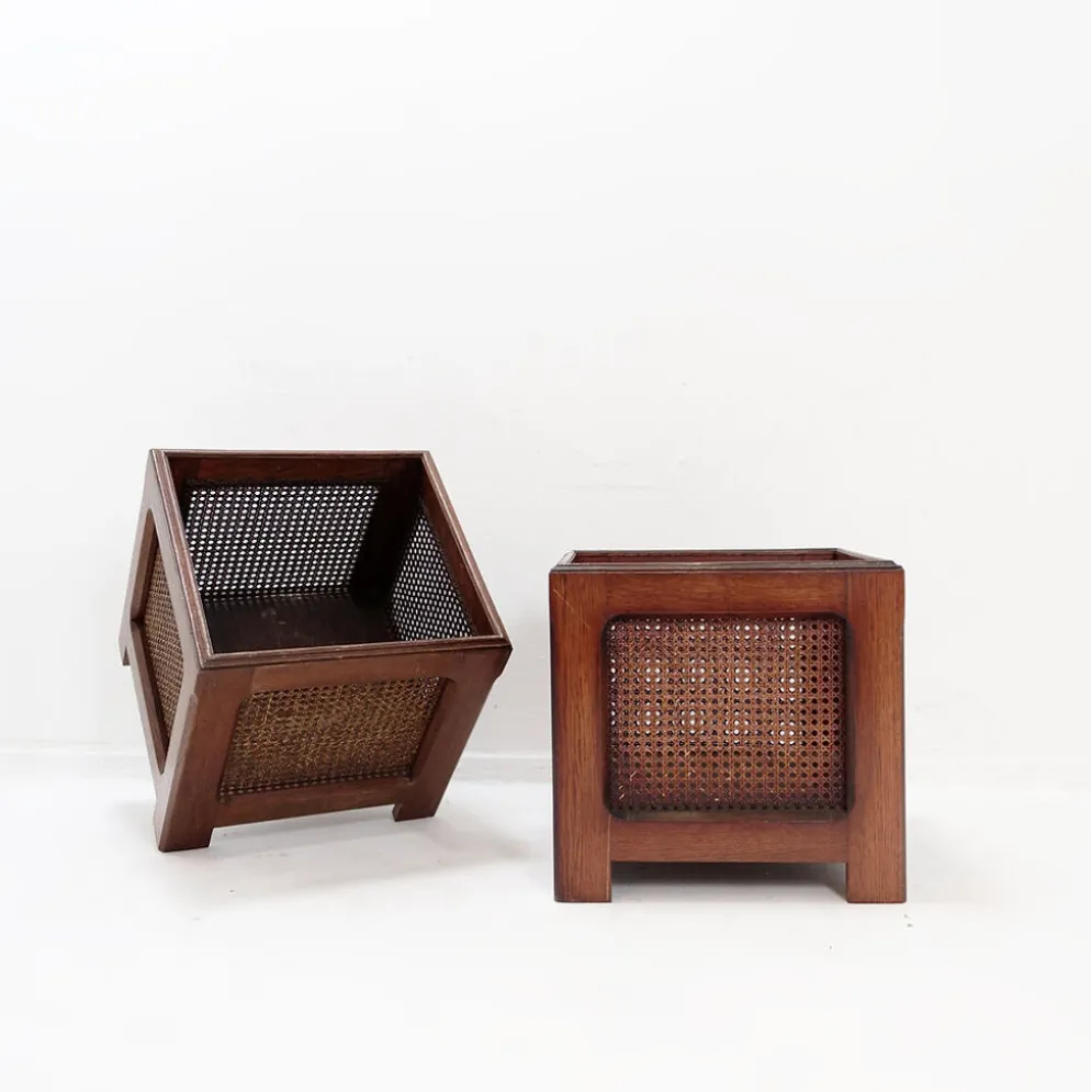 Paire de jardinières vintage en bois et panneaux de rotin tressé - années 1970
