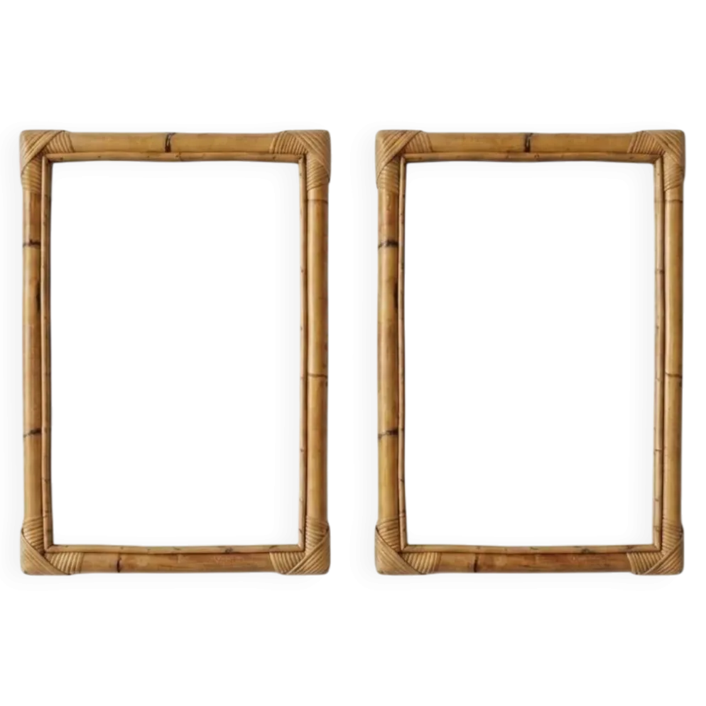 Paire de miroirs vintage en bambou et rotin