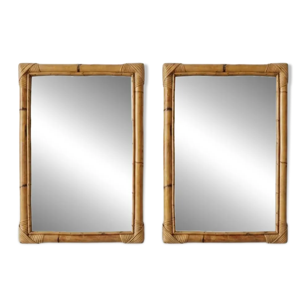 Paire de miroirs vintage en bambou et rotin