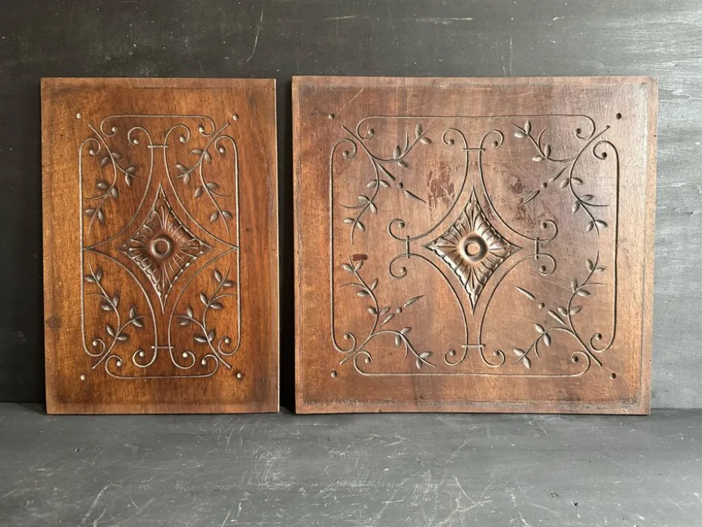 Paire de panneaux décoratifs anciens en bois sculpté, fin XIXe siècle