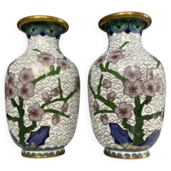Paire de petits vases vintage en émail cloisonné