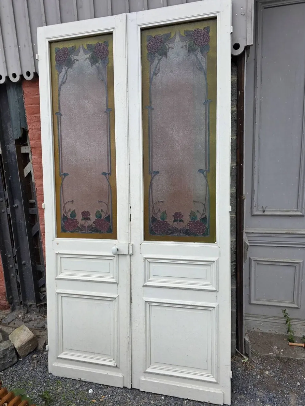 Paire de portes de séparation Art nouveau à verre émaillé