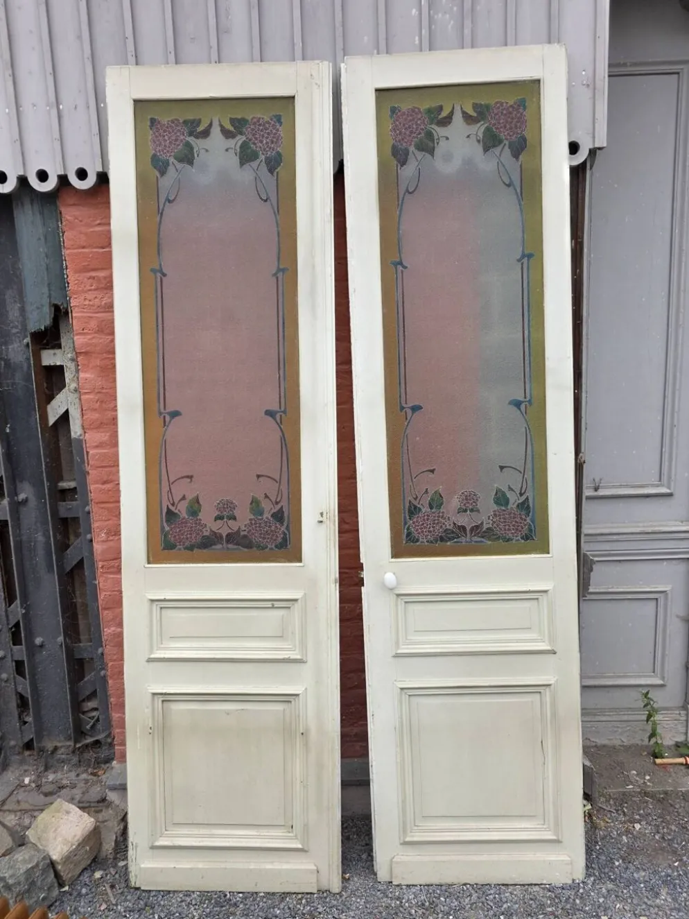Paire de portes de séparation Art nouveau à verre émaillé
