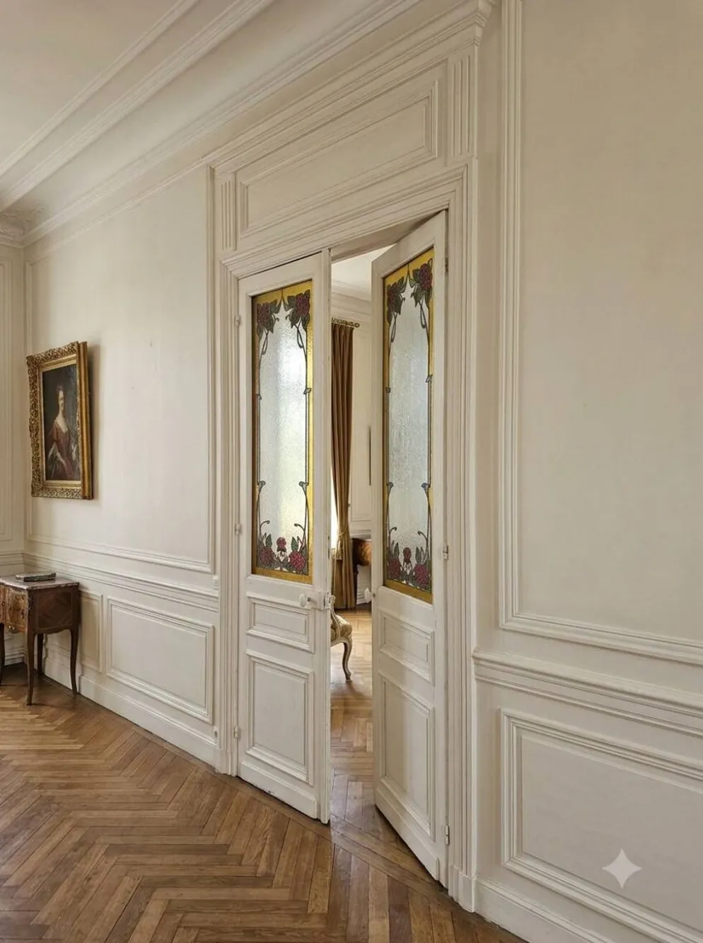 Paire de portes de séparation Art nouveau à verre émaillé