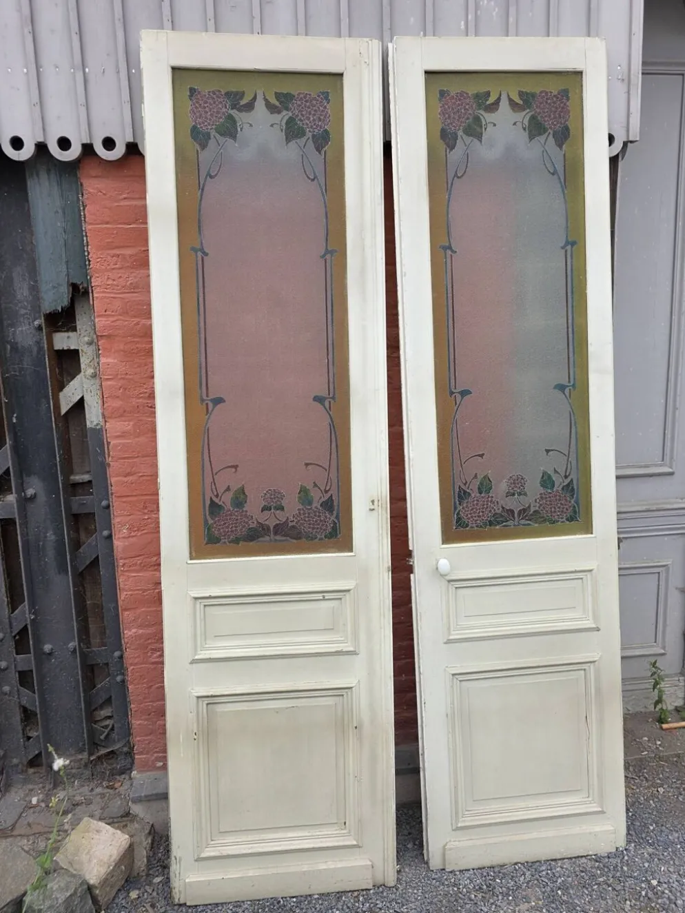 Paire de portes de séparation Art nouveau à verre émaillé