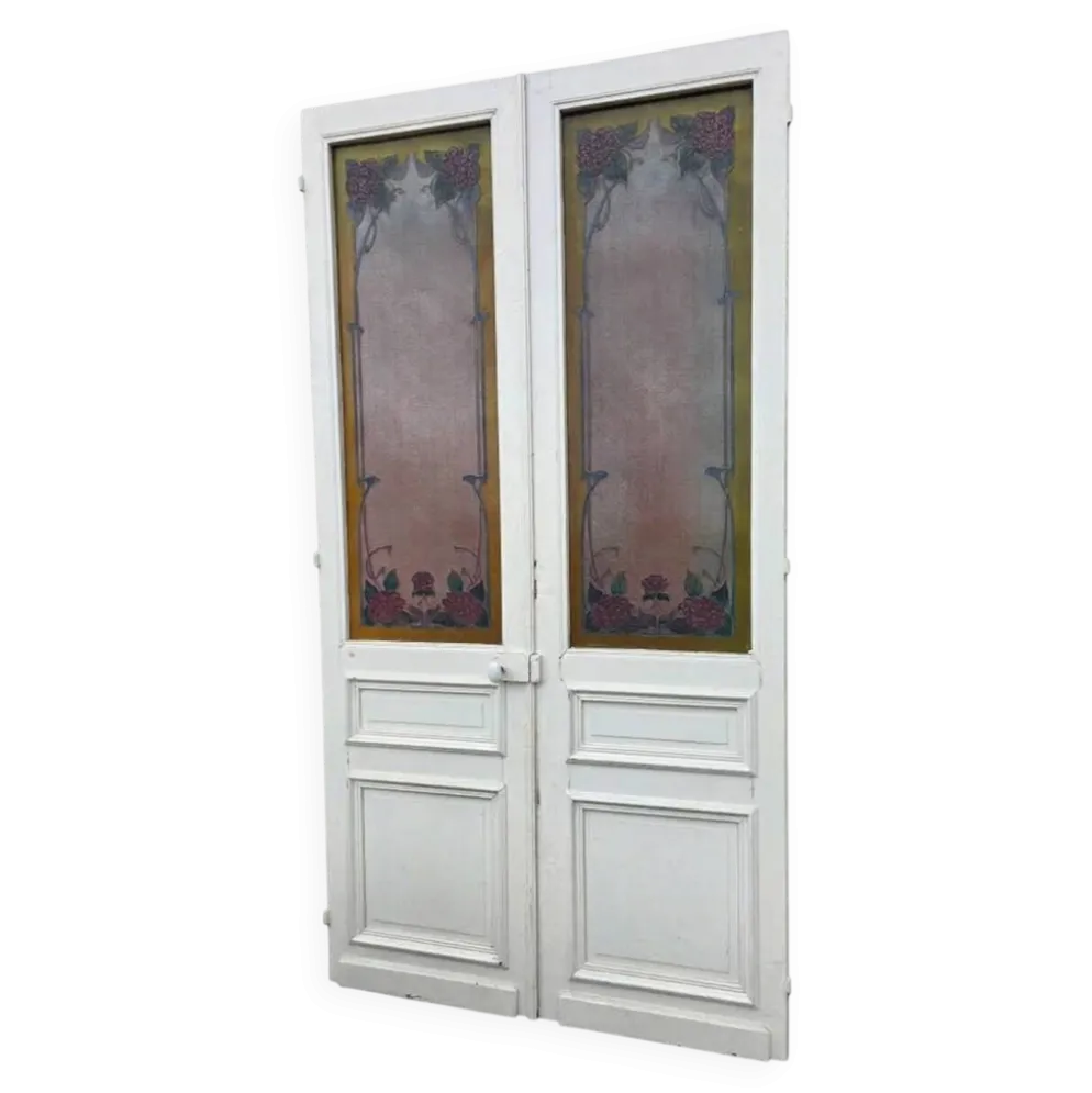 Paire de portes de séparation Art nouveau à verre émaillé