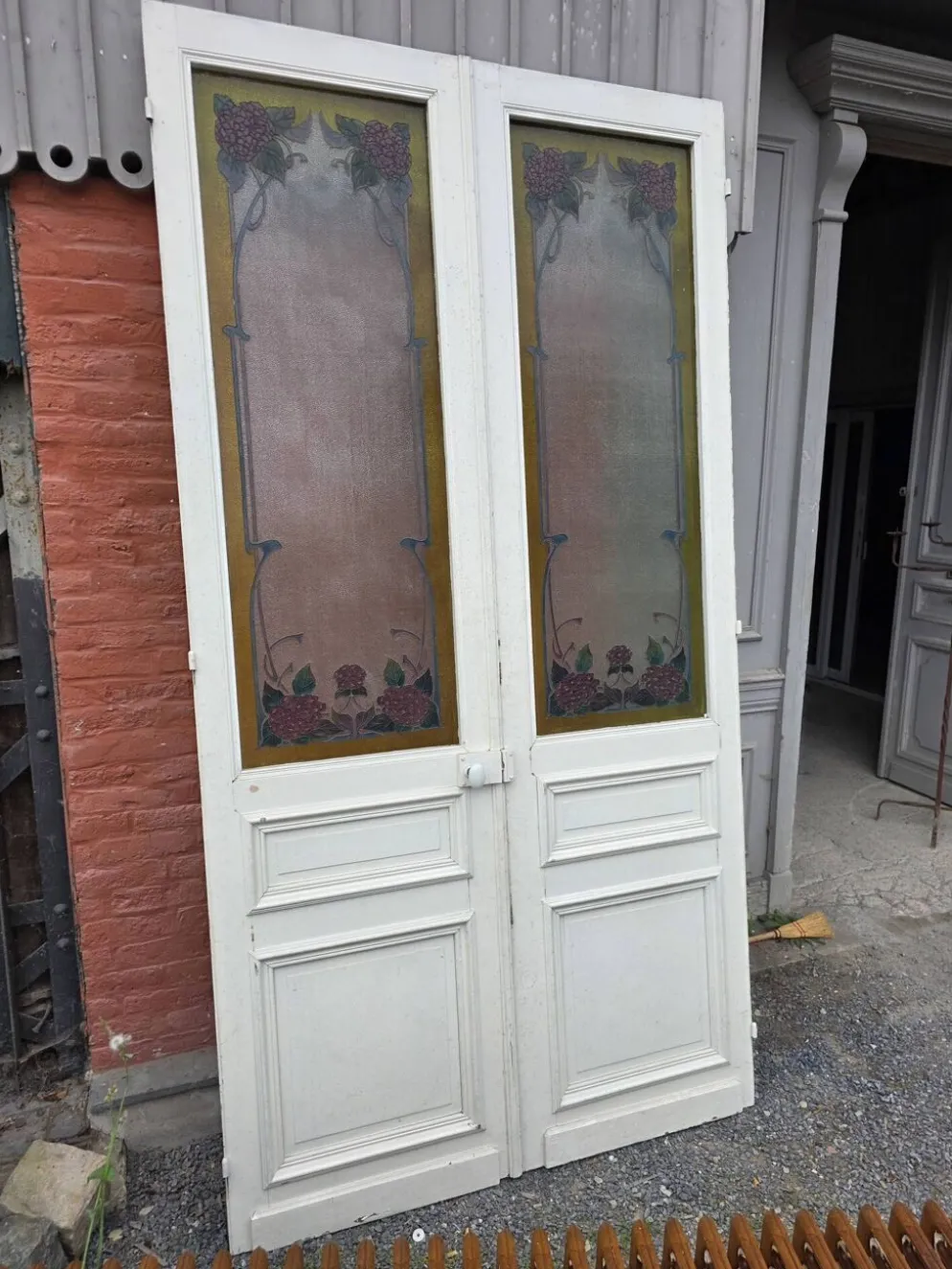 Paire de portes de séparation Art nouveau à verre émaillé