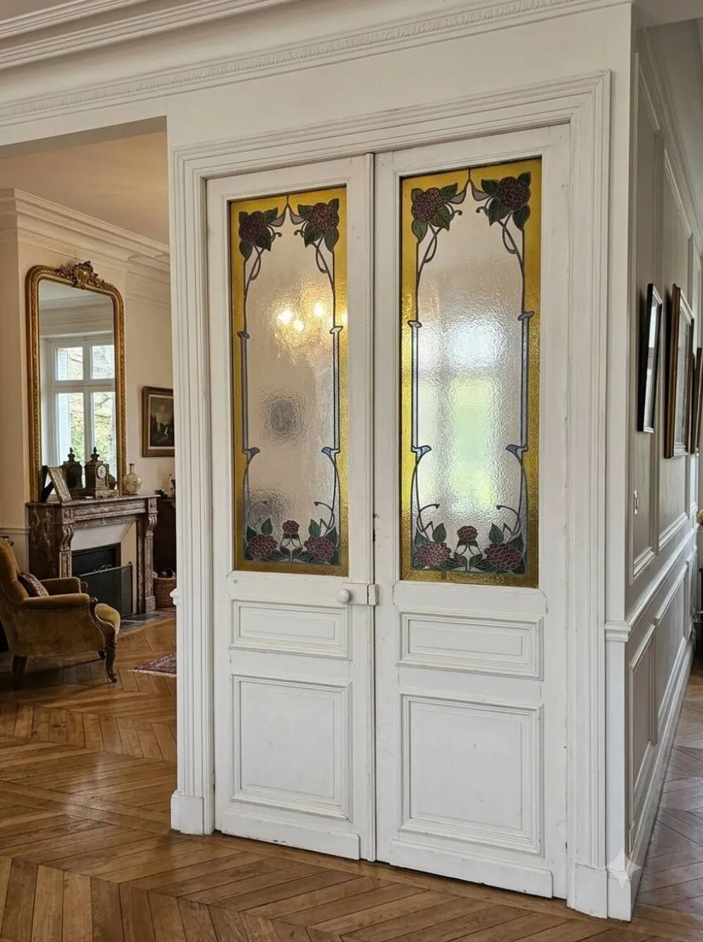 Paire de portes de séparation Art nouveau à verre émaillé