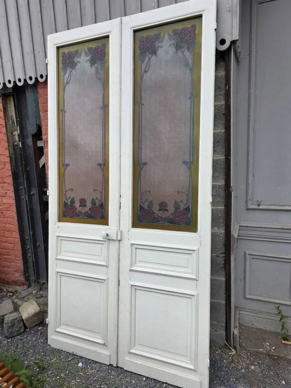 Paire de portes de séparation Art nouveau à verre émaillé