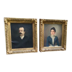 Paire de portraits à l'huile sur toile signé Béchard