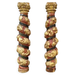 Paire de sculptures, colonnes torsadées, bois sculpté, doré et polychrome, XVIIIe siècle – Espagne