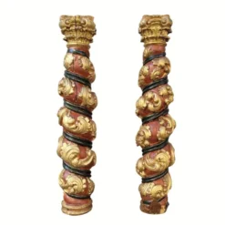 Paire de sculptures, colonnes torsadées, bois sculpté, doré et polychrome, XVIIIe siècle – Espagne