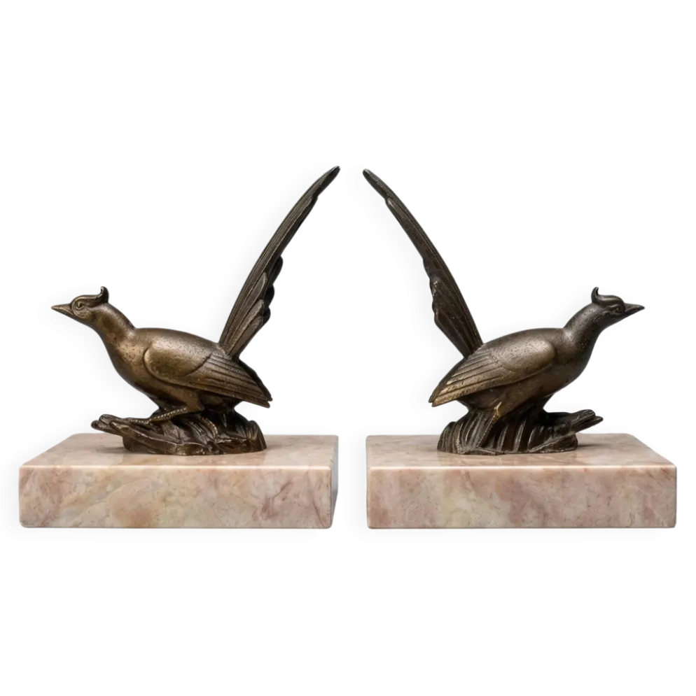 Paire de serre-livres Art Déco aux oiseaux – régule patiné et marbre rose