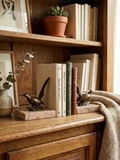 Paire de serre-livres Art Déco aux oiseaux – régule patiné et marbre rose