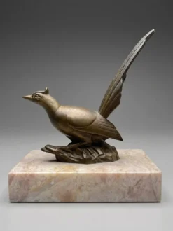 Paire de serre-livres Art Déco aux oiseaux – régule patiné et marbre rose