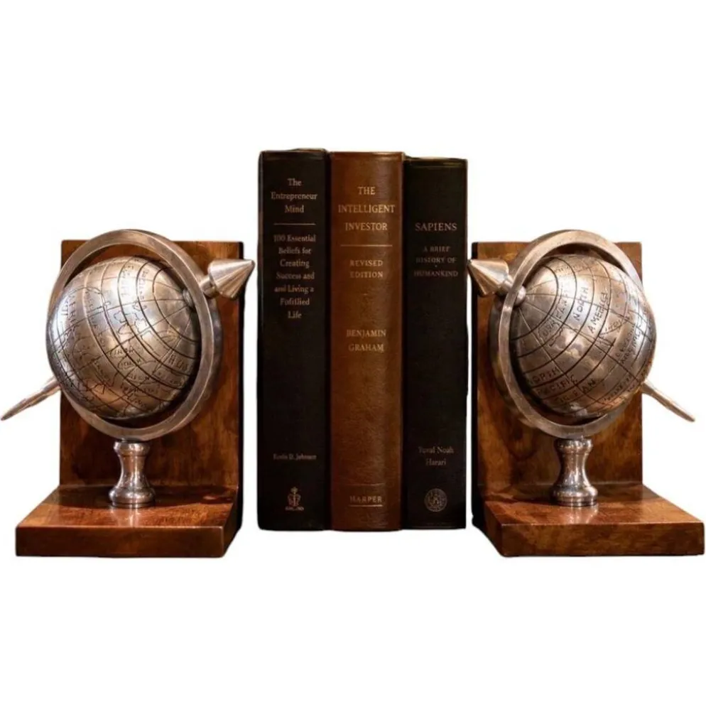 Paire de serre-livres Atlas Globe du 20ème siècle en métal et bois, supports décoratifs pour livres.