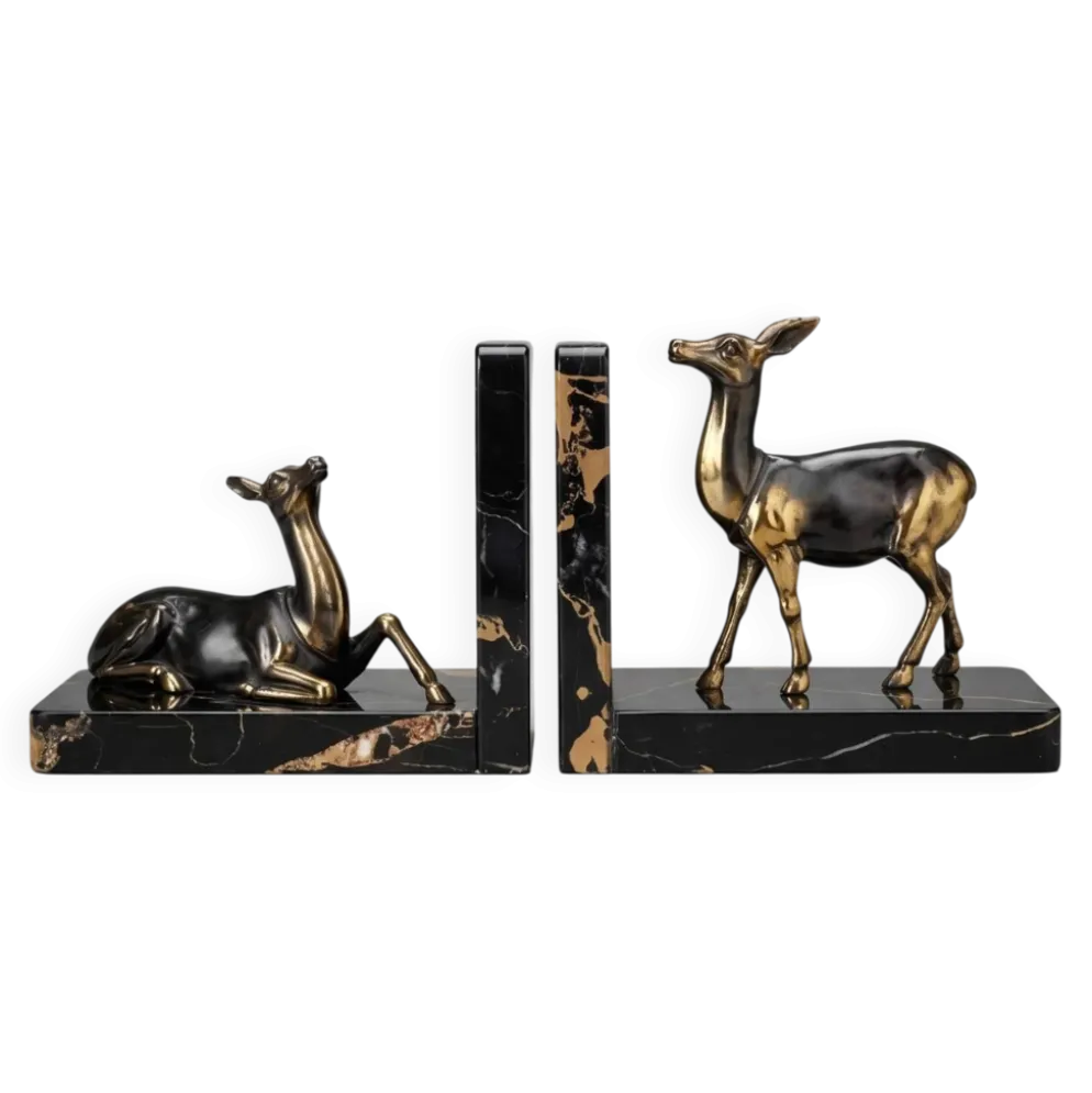 Paire de serre-livres biches en marbre noir et métal doré – Style Art Déco