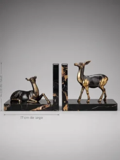 Paire de serre-livres biches en marbre noir et métal doré – Style Art Déco